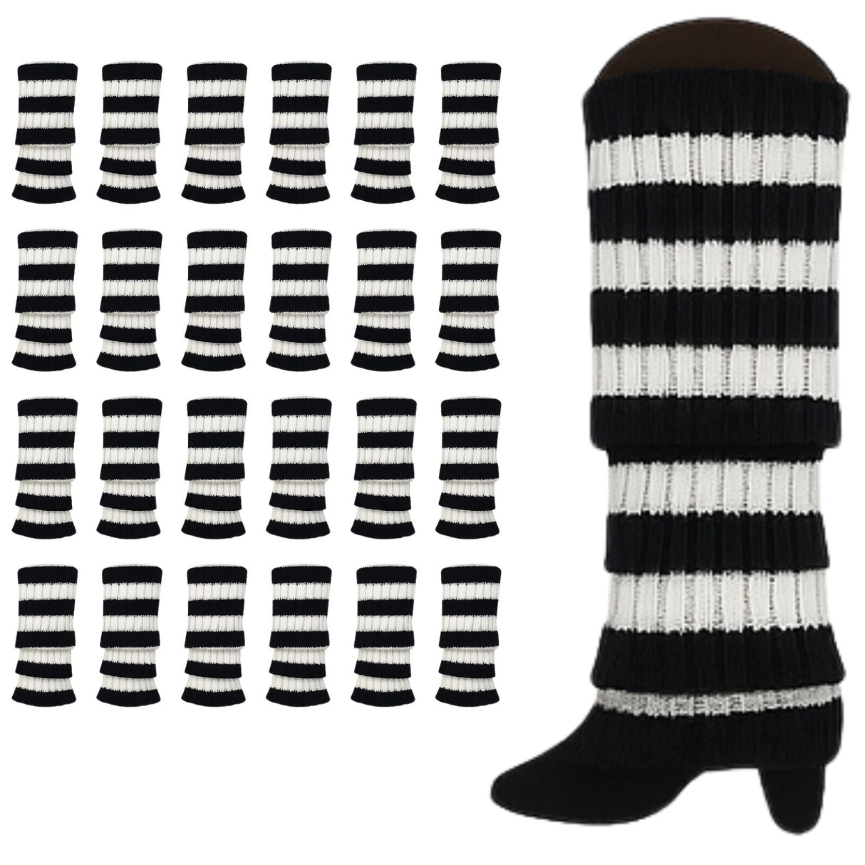 24x Black/White Stripe Ribbed Leg Warmers Bulk Pack - Womens Dance Costume/80s Party