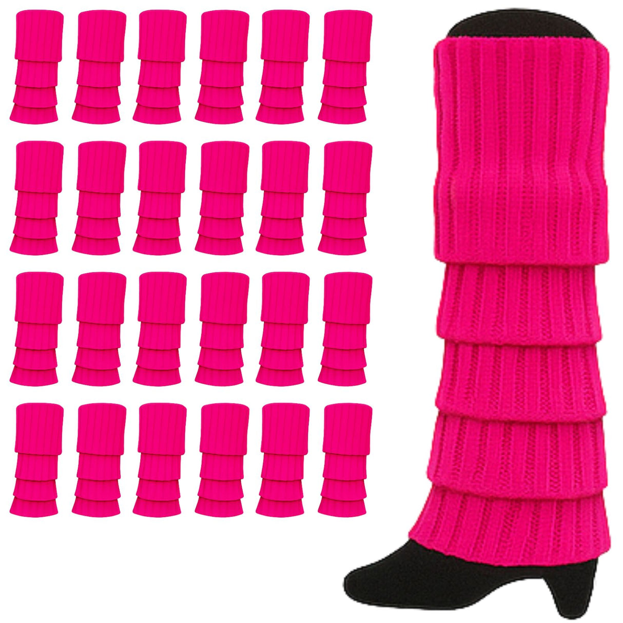 24x Hot Pink Ribbed Leg Warmers Bulk Pack - Womens Dance Costume/80s Party