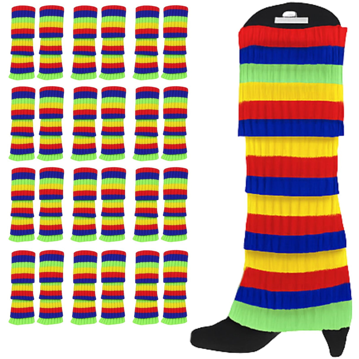24x Rainbow Ribbed Leg Warmers Bulk - Womens Dance Costume/80s Party