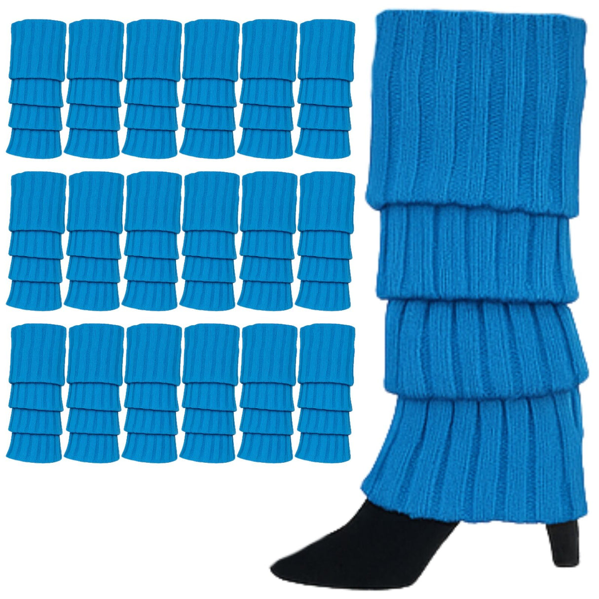 24x Topaz Blue Ribbed Leg Warmers Bulk Pack - Womens Dance Costume/80s Party