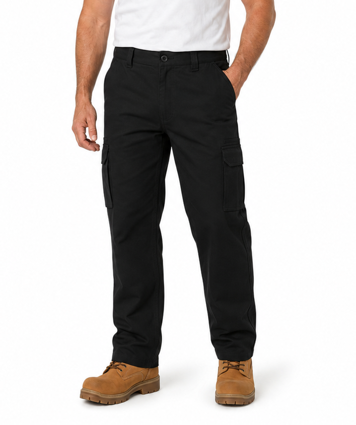 Mens 100% Cotton 310gsm Cargo Pants - Black (Military Work/Tradie Trousers w/ Pockets)