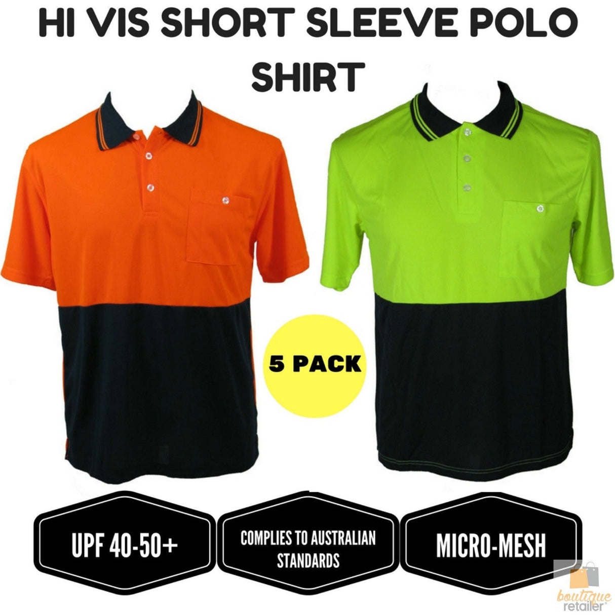 5x HI VIS Polo Shirt Top Tee Safety Workwear Short Sleeve Breathable Mesh BULK - Yellow/Navy