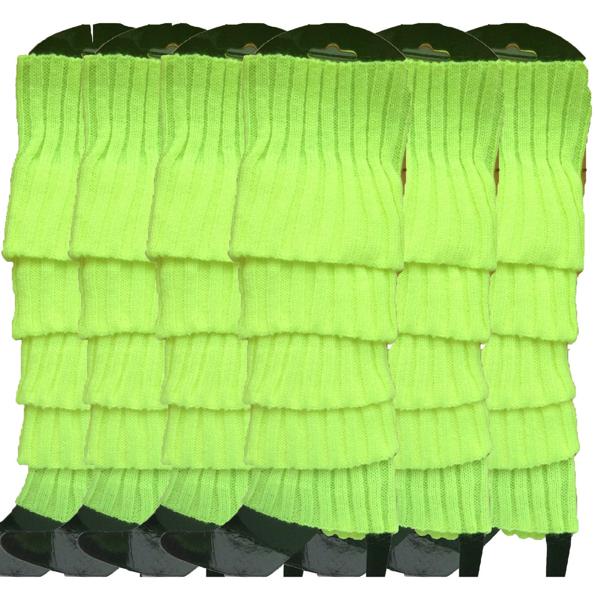 6x Fluro Yellow Ribbed Leg Warmers Bulk Pack - Womens Dance Costume/80s Party