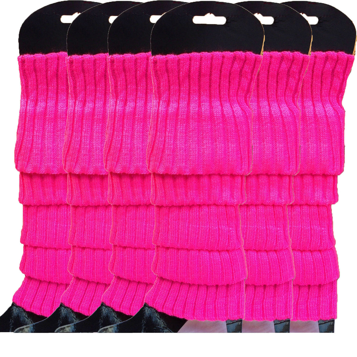 6x Hot Pink Ribbed Leg Warmers Bulk Pack - Womens Dance Costume/80s Party
