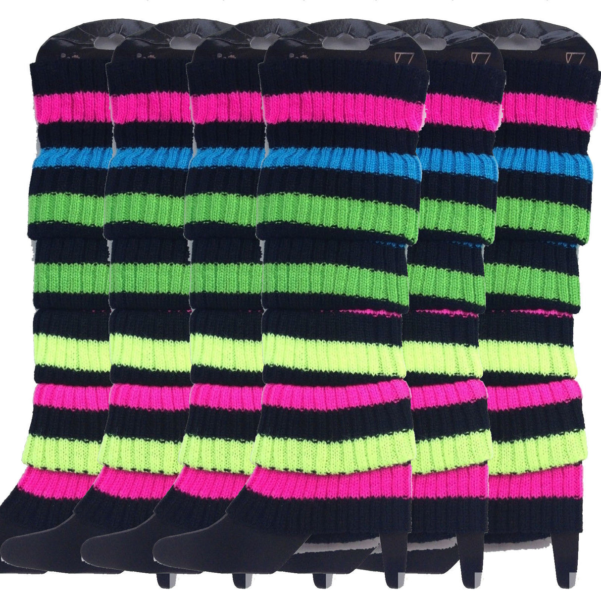 6x Rainbow/Black Stripe Ribbed Leg Warmers Bulk Pack - Womens Dance Costume/80s Party