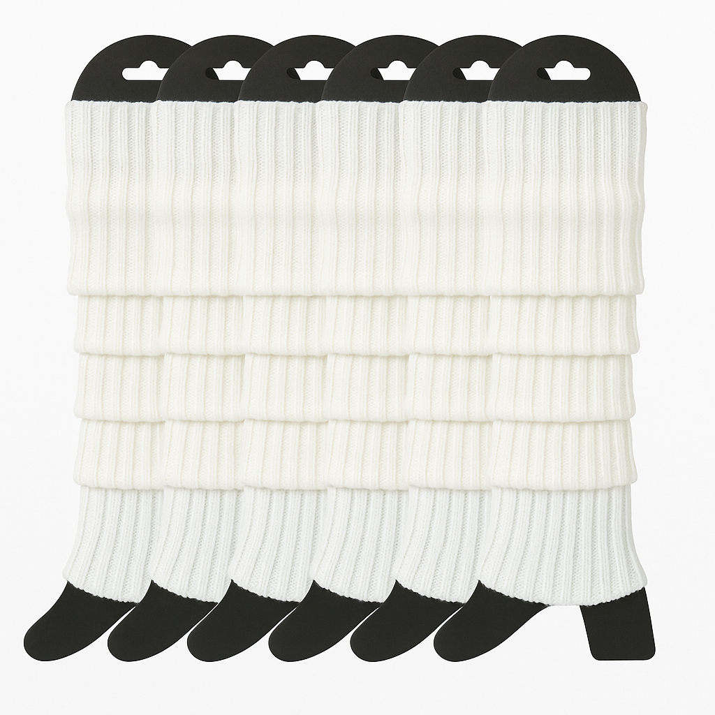 6x White Ribbed Leg Warmers Bulk Pack - Womens Dance Costume/80s Party