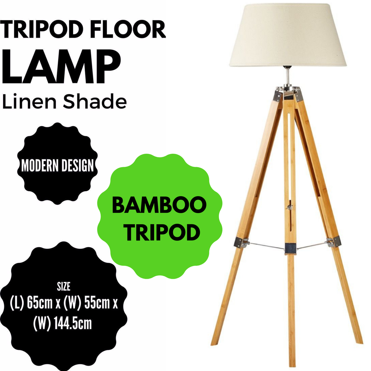 145cm Bamboo Wooden Tripod Floor Lamp with Modern Linen Shade