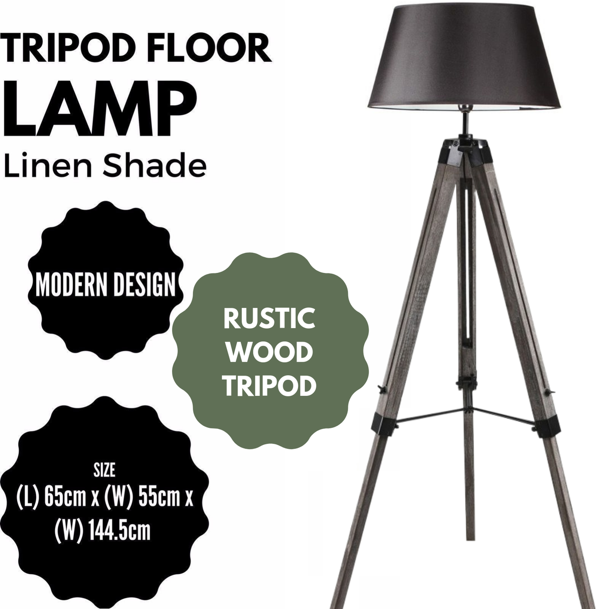 145cm Adjustable Wooden Tripod Floor Lamp with Modern Linen Light Shade