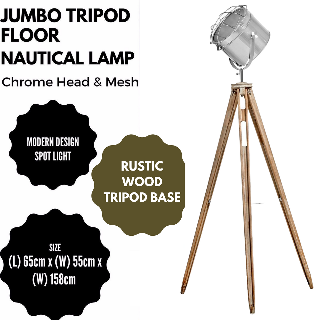 158cm Nautical Tripod Floor Lamp w Search Light - Modern Chrome Head with Mesh