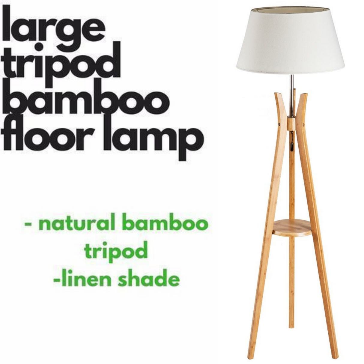 156cm Bamboo Wooden Tripod Floor Lamp with White Light Linen Shade