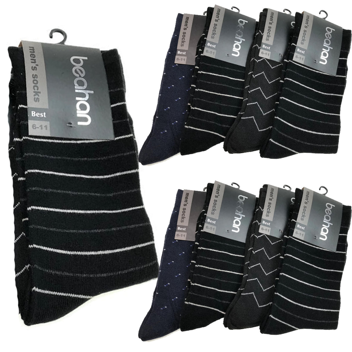 9 Pairs Cotton Business Socks Bulk Pack - Assorted Pack (Mens Dress Crew Casual Work Socks)