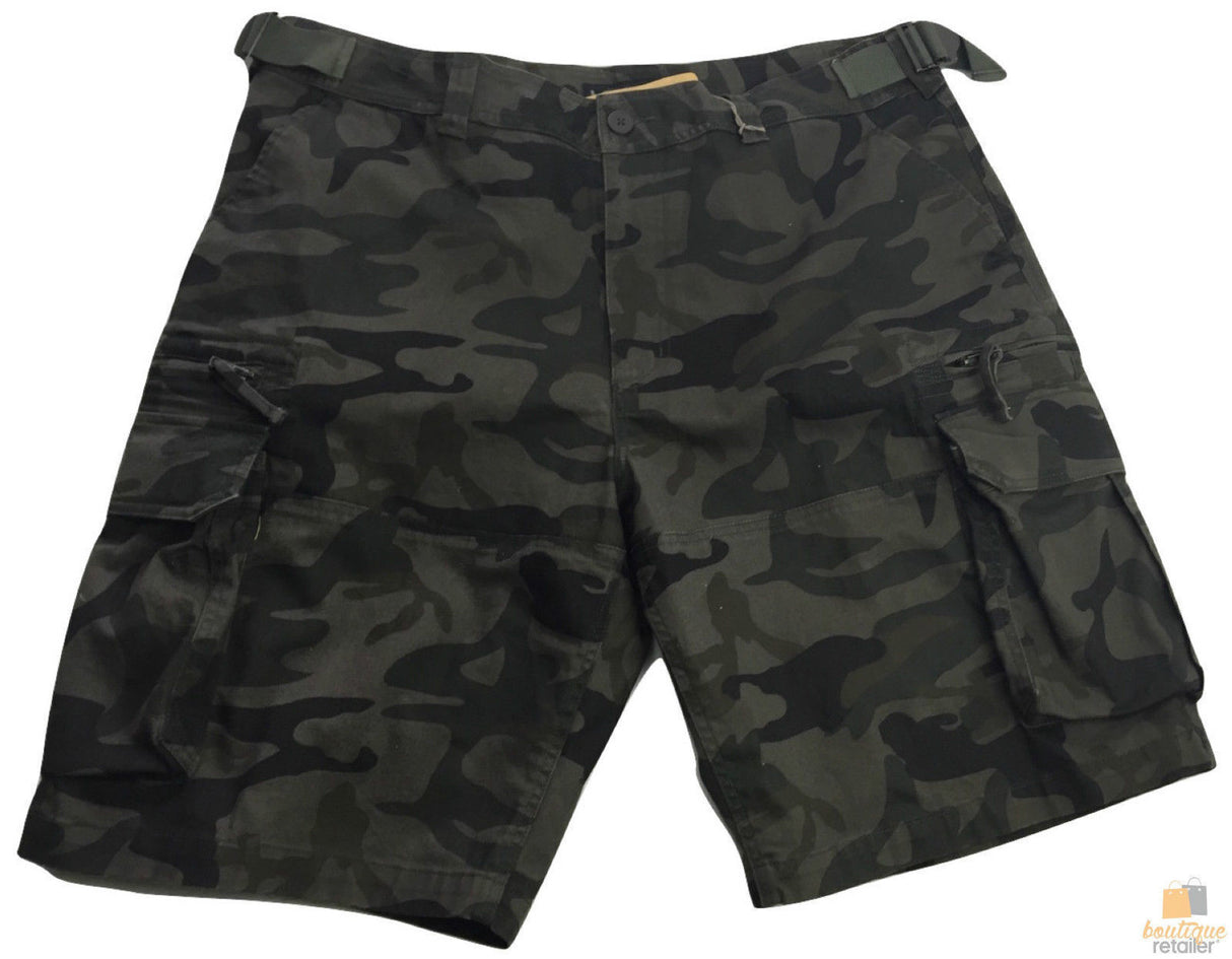 Mens Heavy Duty Cargo Shorts - Dark Camo (Adjustable 100% Cotton Drill Work Summer)