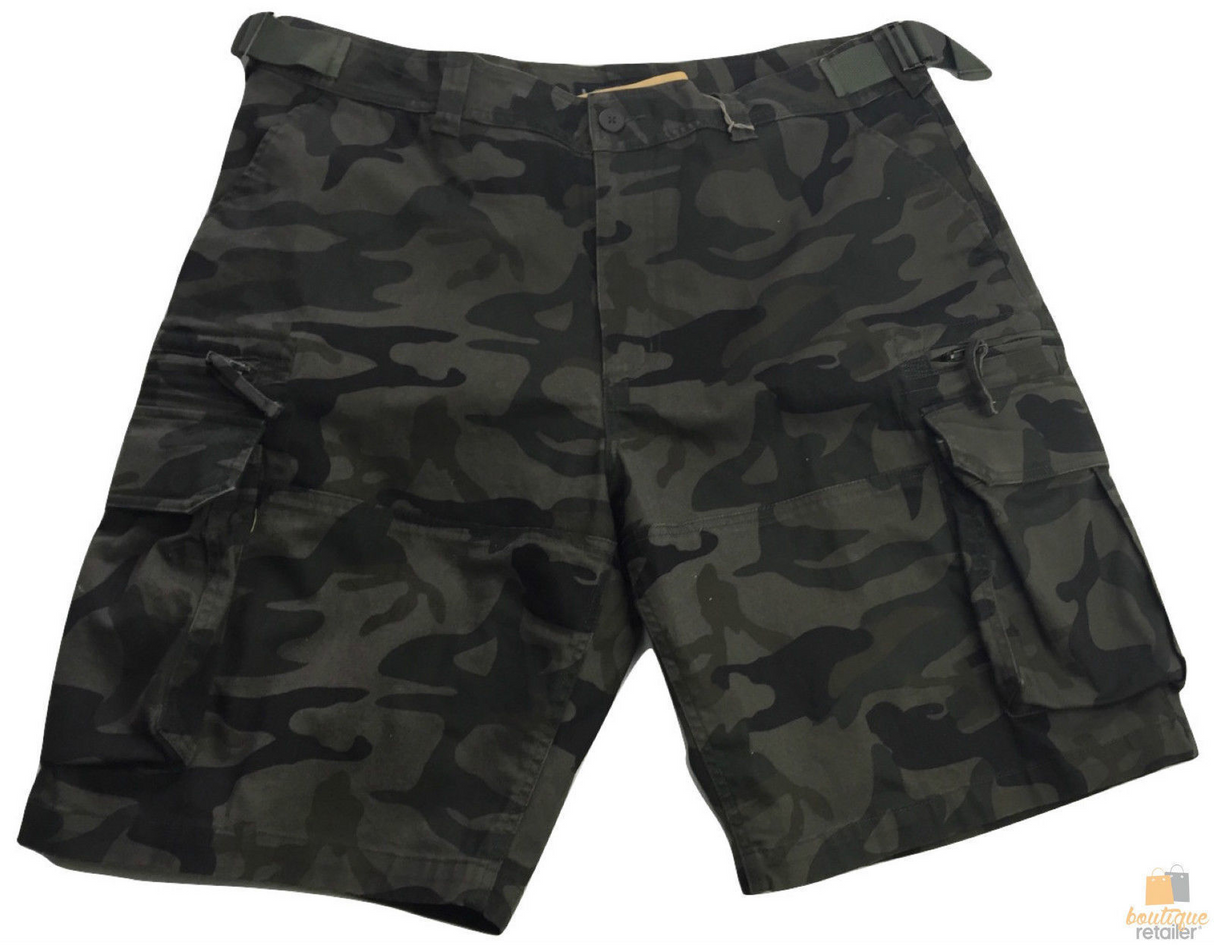 Mens Heavy Duty Cargo Shorts - Dark Camo (Adjustable 100% Cotton Drill Work Summer)