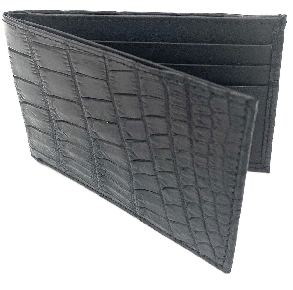 Mens Genuine Crocodile Leather Slim Bi Fold Wallet - Black