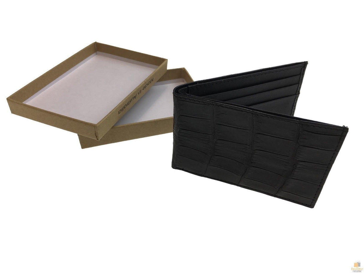 Mens Genuine Crocodile Leather Slim Bi Fold Wallet - Black