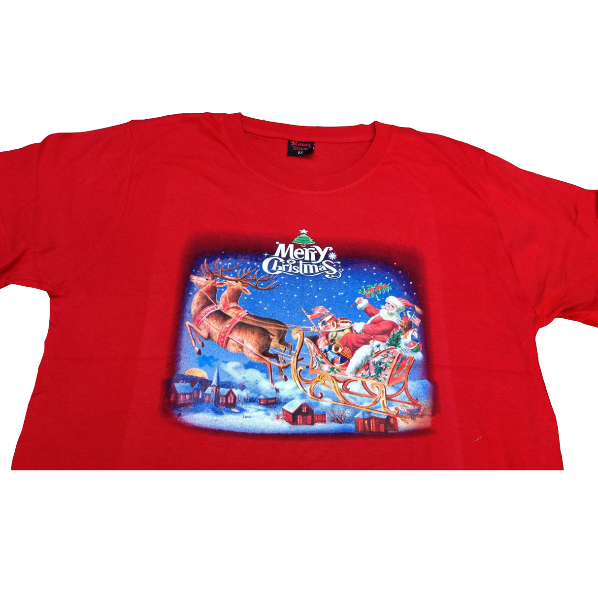 100% Cotton Adult Christmas T-Shirt - Red (Xmas Santa w/ Reindeers on Sleigh)
