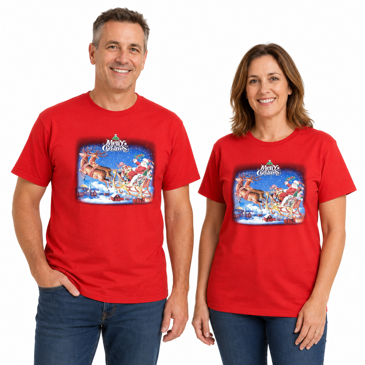 100% Cotton Adult Christmas T-Shirt - Red (Xmas Santa w/ Reindeers on Sleigh)