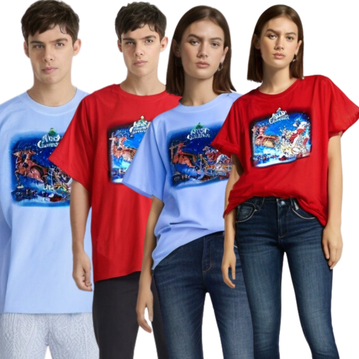 100% Cotton Adult Christmas T Shirt Xmas Top Santa Red White Party Costume - Red