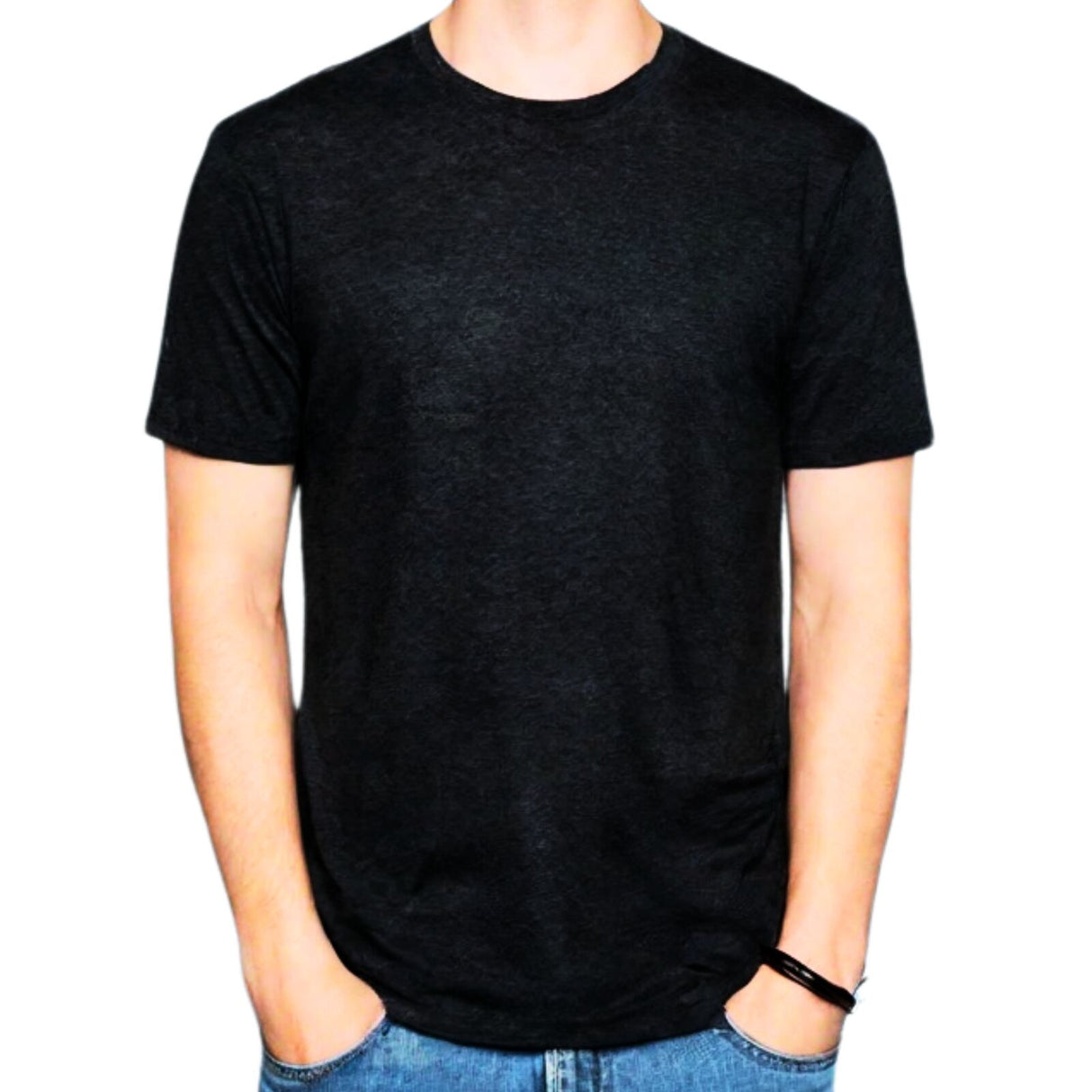 Mens COTTON STRETCH T-SHIRT Tee Top Plain Blank Adults Slim Skinny Fitted - Black