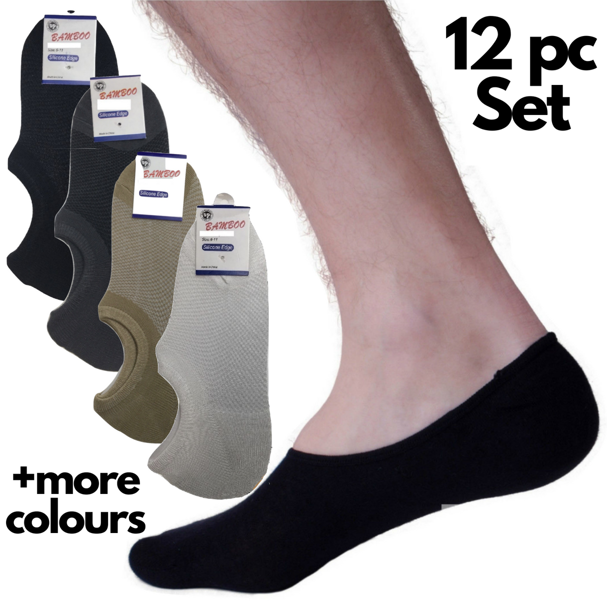12x Pairs No Show Bamboo Socks Non-Slip Heel Grip Low Cut Invisible Footlet New - Black