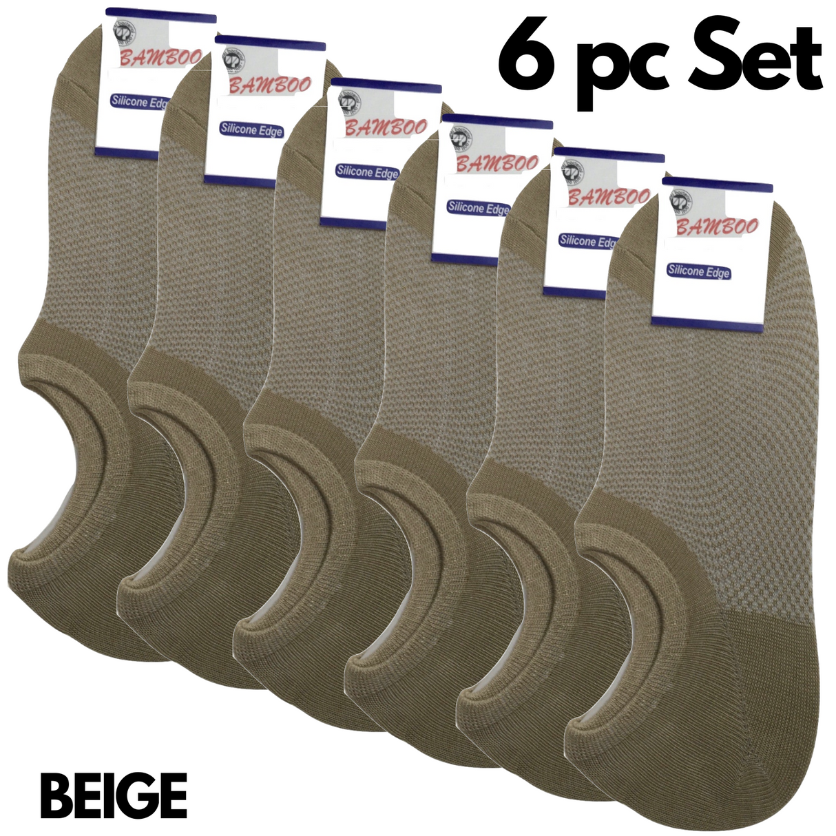6x Pairs No Show Bamboo Socks Non-Slip Heel Grip Low Cut Invisible Footlet New - Beige