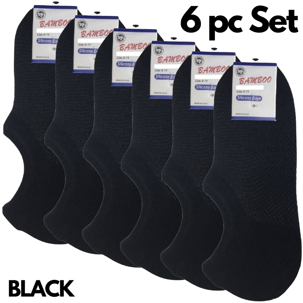 6 Pairs No Show Bamboo Socks Pack - Black (Non-Slip Low Cut Invisible Footlet Socks)