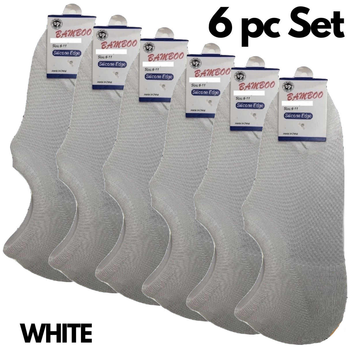 6 Pairs No Show Bamboo Socks Pack - White (Non-Slip Low Cut Invisible Footlet Socks)