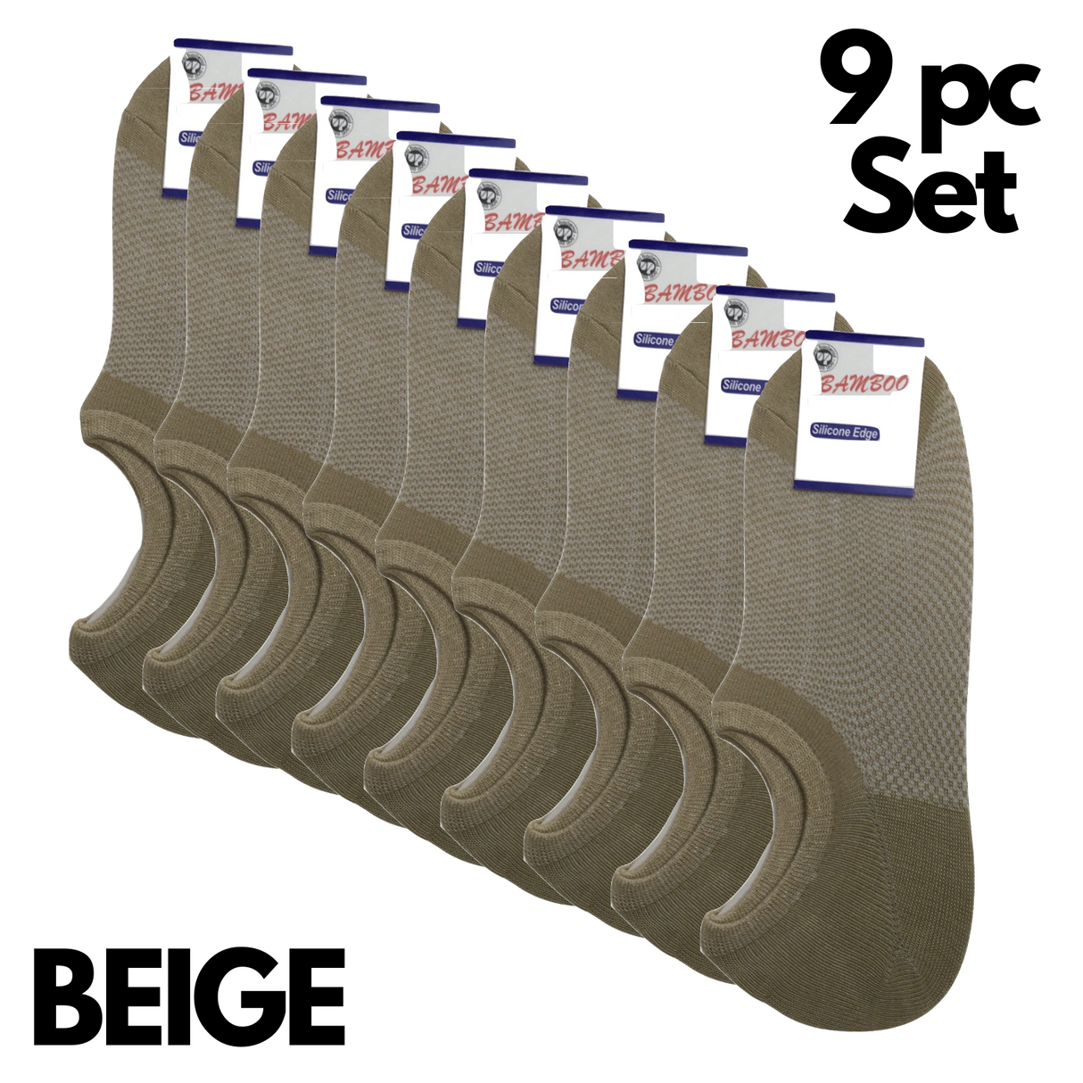 9 Pairs No Show Bamboo Socks Bulk Pack - Beige (Non-Slip Low Cut Invisible Footlet Socks)