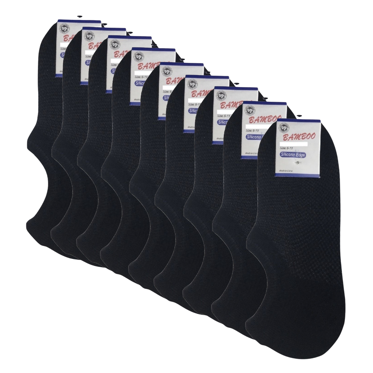 9x Pairs No Show Bamboo Socks Non-Slip Heel Grip Low Cut Invisible Footlet New - Black - 11-14