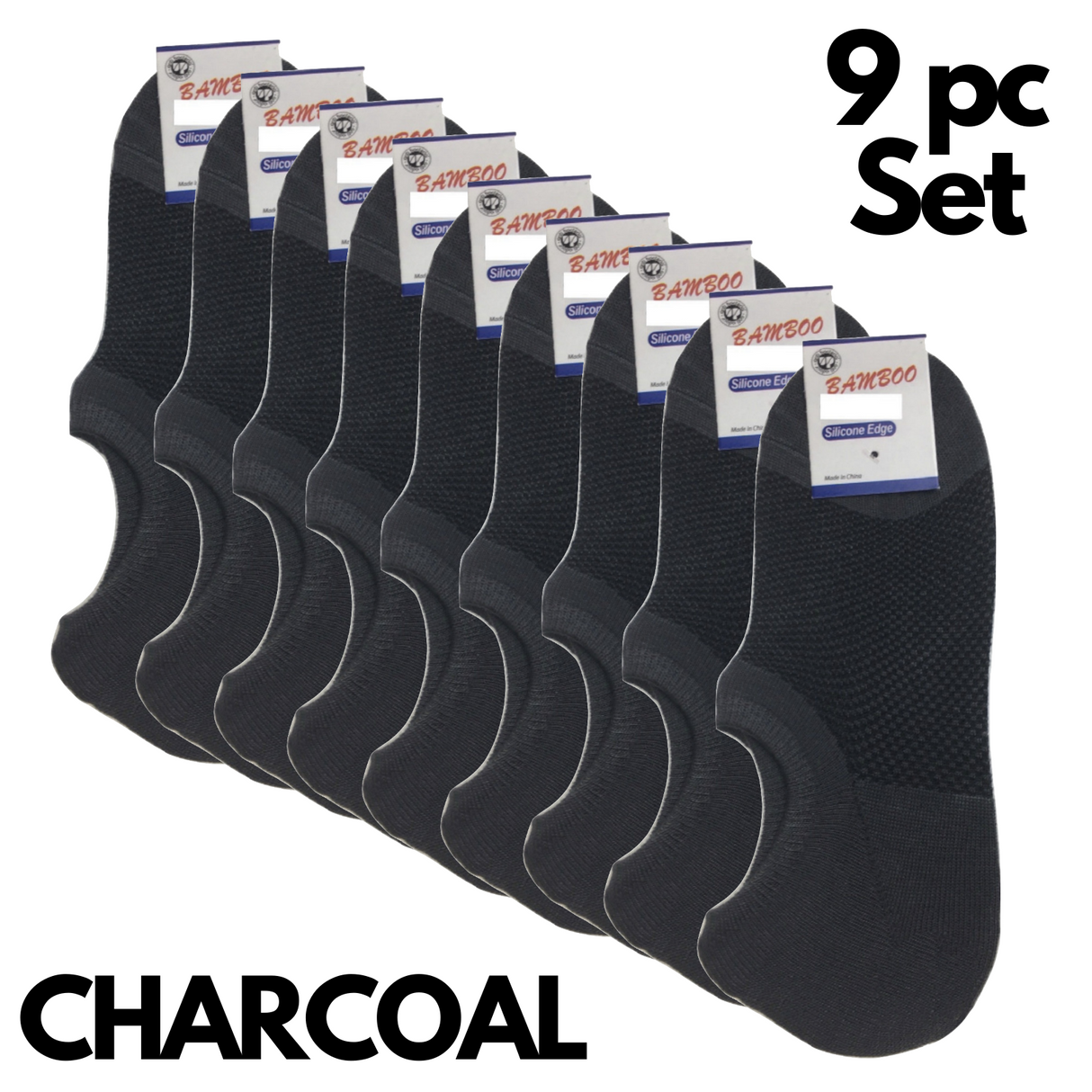 9 Pairs No Show Bamboo Socks Bulk Pack - Charcoal (Non-Slip Low Cut Invisible Footlet Socks)
