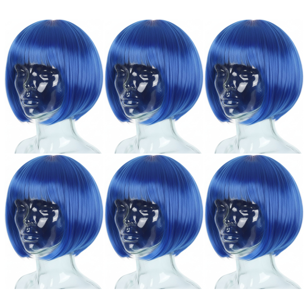 6x Blue Bob Wig Bulk Pack - Short Straight Fringe Hair for Cosplay Costume/Fancy Dress Party