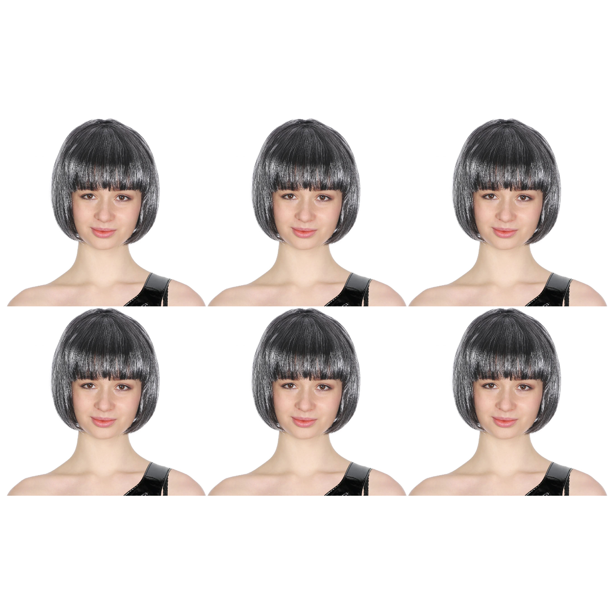 6x Grey Bob Wig Bulk Pack - Short Straight Fringe Hair for Cosplay Costume/Fancy Dress Party