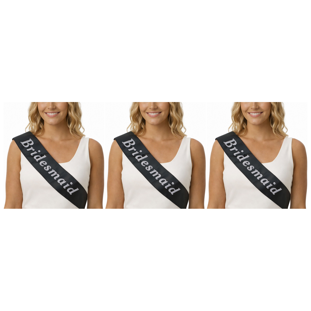 3x Bridesmaid Hens Night Sash Pack - Black (Satin Bridal Party Accessory)