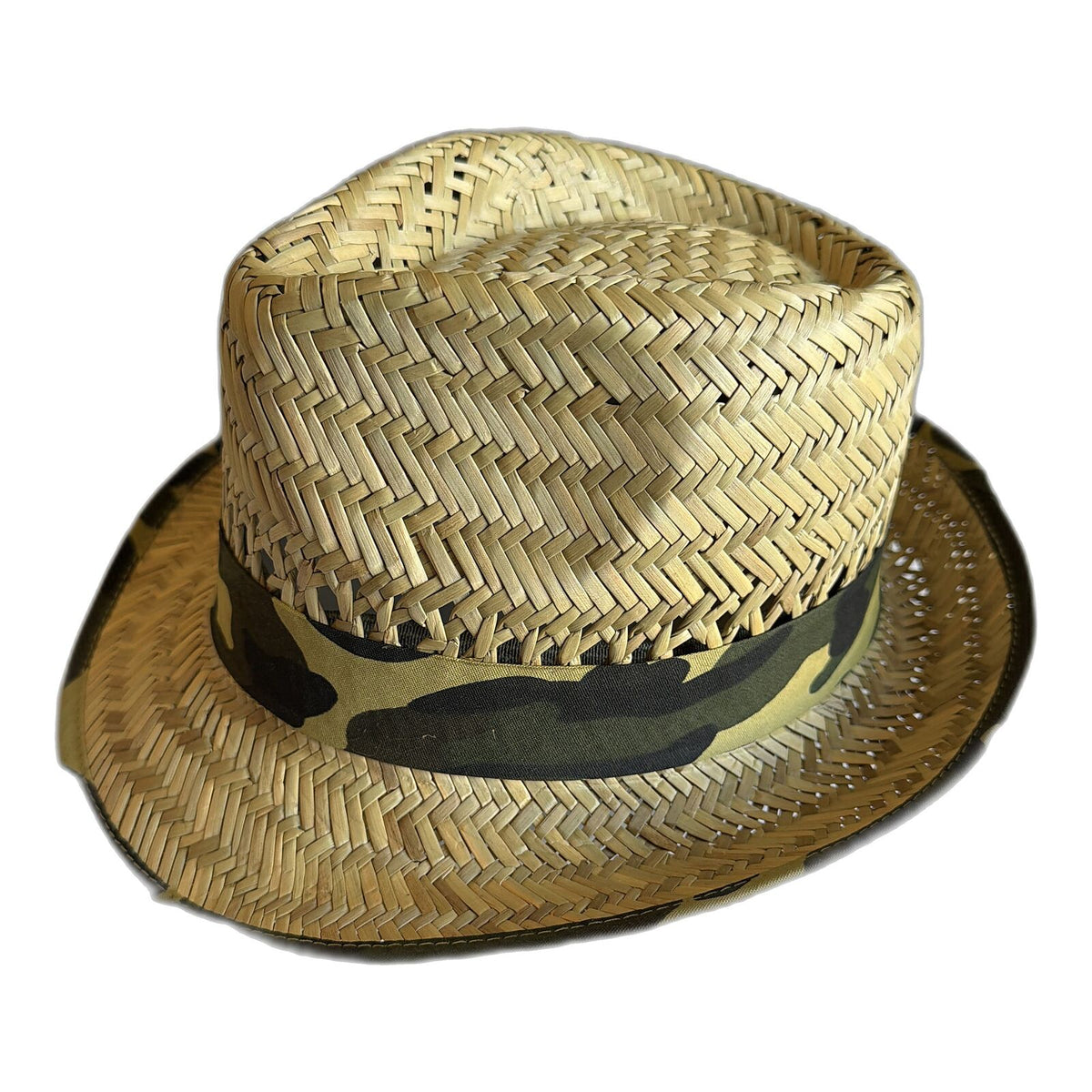 Mens Straw Trilby Hat with Camouflage Band - Natural (One Size - 58cm)