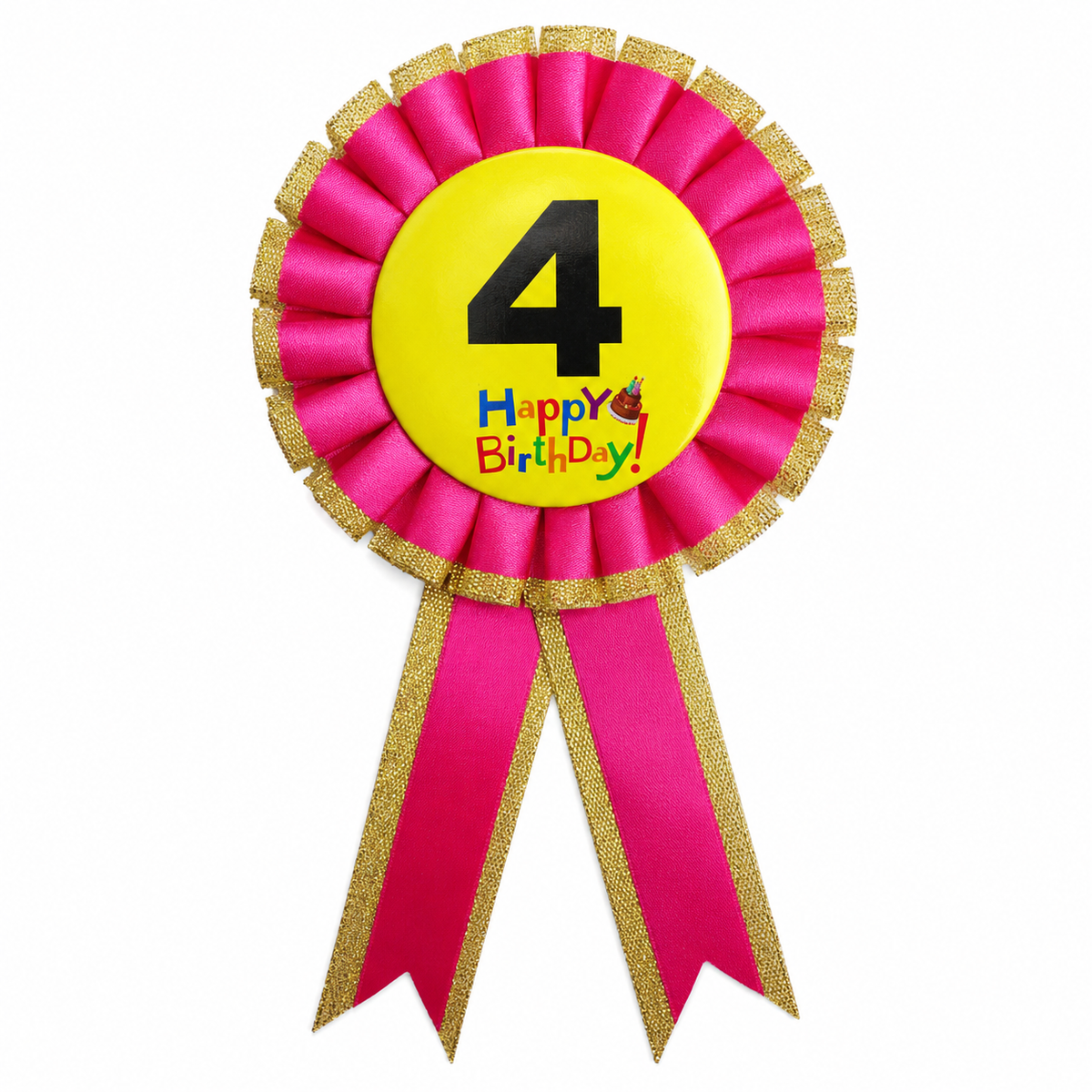 4th Birthday Pink Ribbon Badge Rosette - Childrens Award (Party Favour/Fancy Dress)
