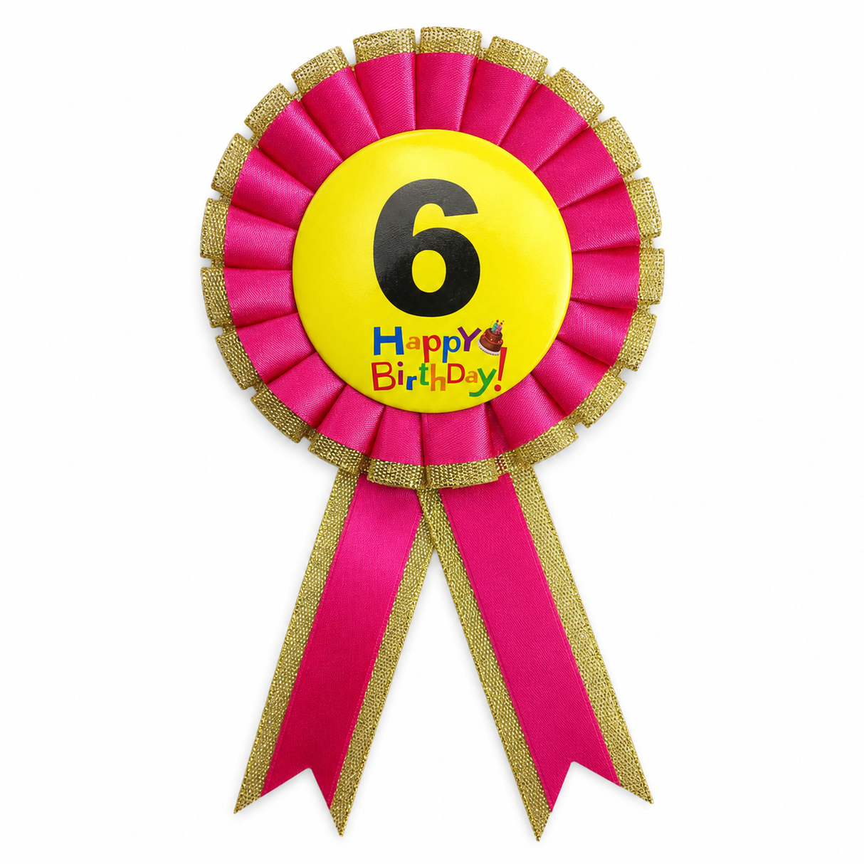 6th Birthday Pink Ribbon Badge Rosette - Childrens Award (Party Favour/Fancy Dress)