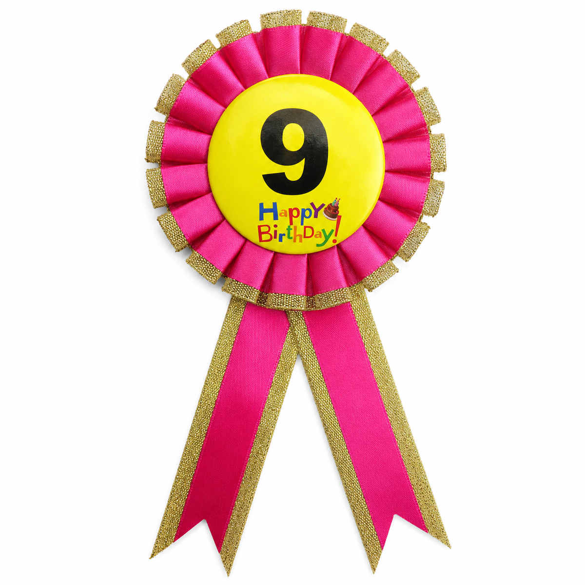 9th Birthday Pink Ribbon Badge Rosette - Childrens Award (Party Favour/Fancy Dress)