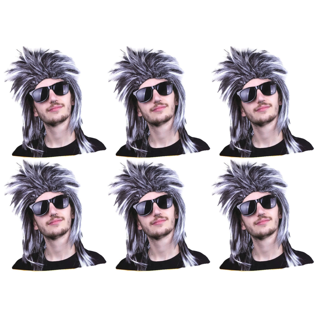6x Mens Black/White Long Spiky Mullet Wig Bulk Pack - Bogan/Punk Rock Costume for 80s Party