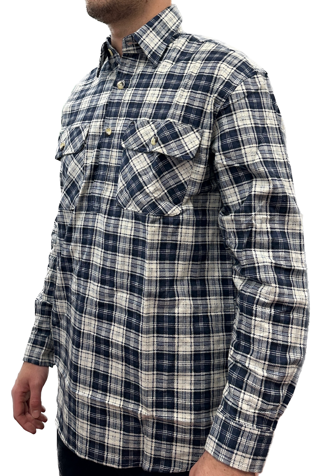 Mens Flannelette Long Sleeve Pullover Shirt 100% Cotton Flannel - Half Placket - Navy/Beige Check