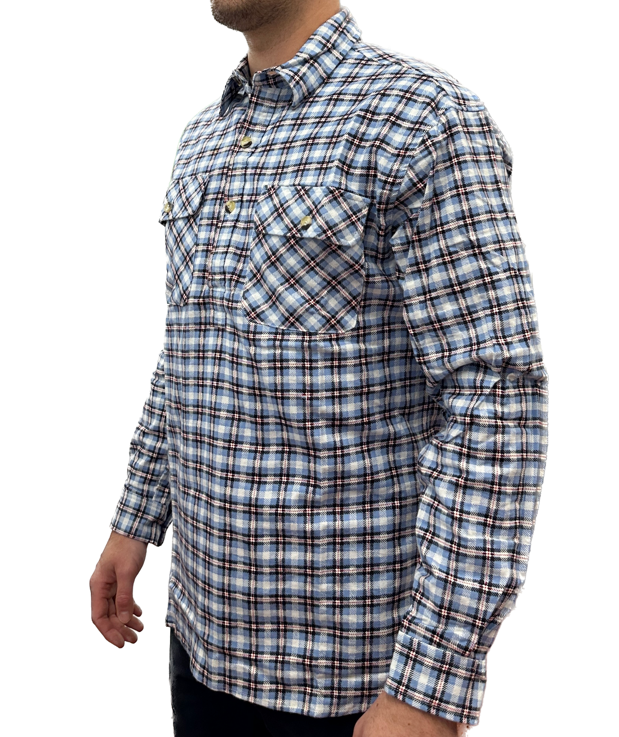 Mens Flannelette Long Sleeve Pullover Shirt 100% Cotton Flannel - Half Placket