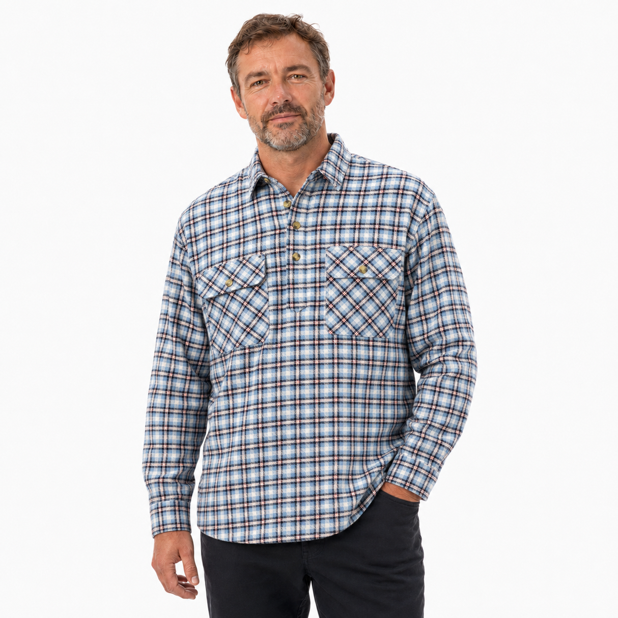 Mens 100% Cotton Long Sleeve Flannelette Pullover Shirt - Blue Check (Half Placket)