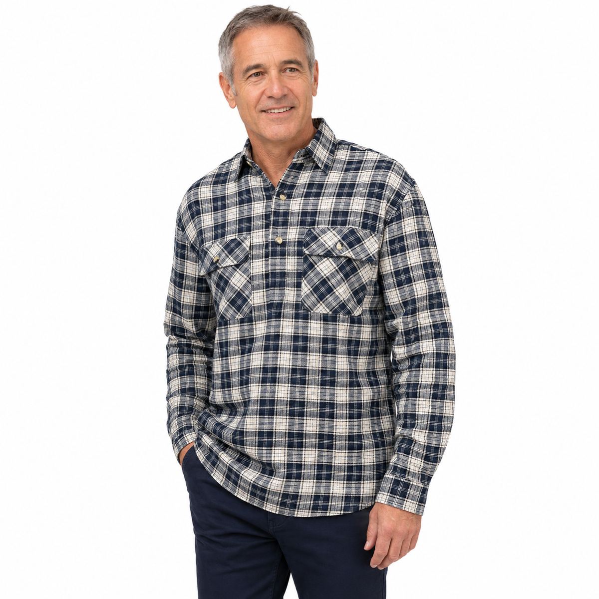 Jacksmith Mens 100% Cotton Long Sleeve Flannelette Pullover Shirt - Navy/Beige Check (Half Placket)