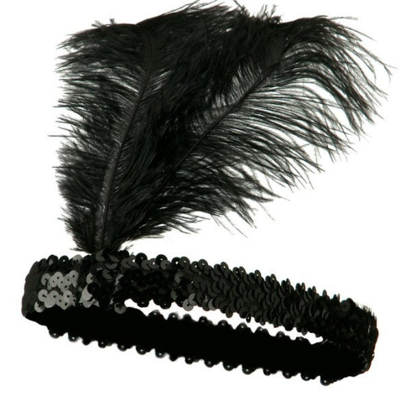 1920s Black Flapper Headband w/ Feather & Sequins - Gatsby/Charleston Costume