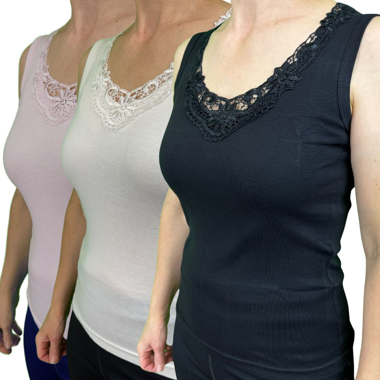 Ladies Sleeveless Singlet Top Womens Summer Basic Tank Shirt Lace Motif Front - Black