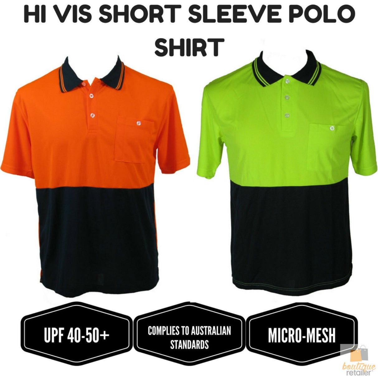 HI VIS Polo Shirt Top Tee Safety Workwear Short Sleeve Breathable Micro Mesh - Yellow/Navy