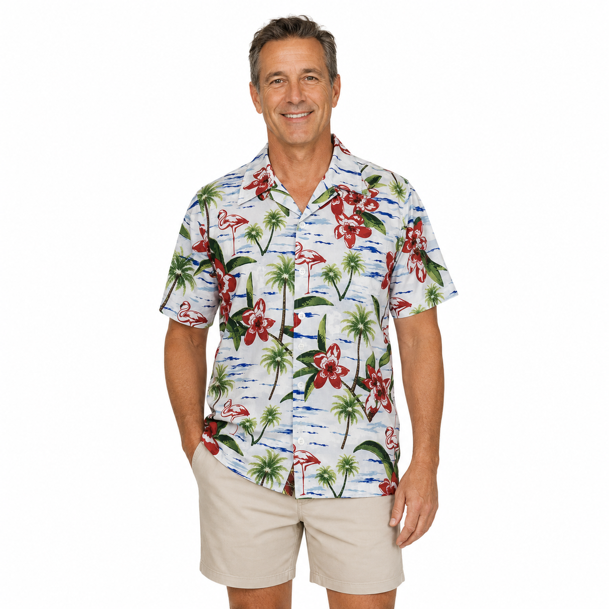 Mens Oahu Hawaiian Short Sleeve Shirt - Beach Flamingo (Button Up Beach Holiday Party Top)