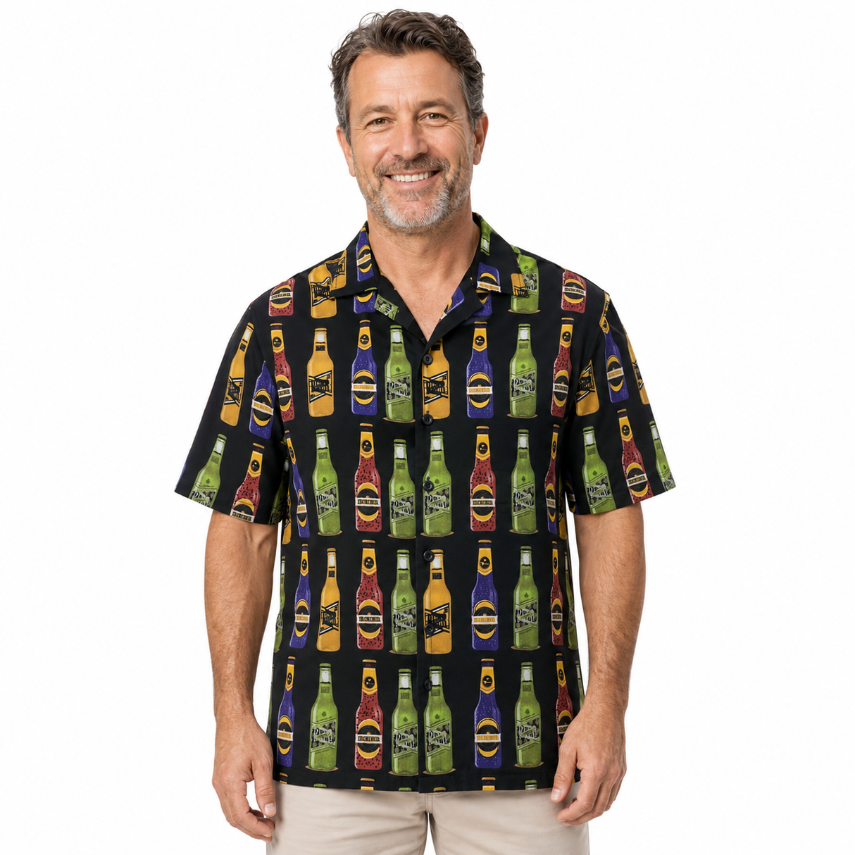 Mens Oahu Hawaiian Party Shirt Button Hippie Tops Short Sleeve Beach Holiday - Beer Bottles (1425) - S