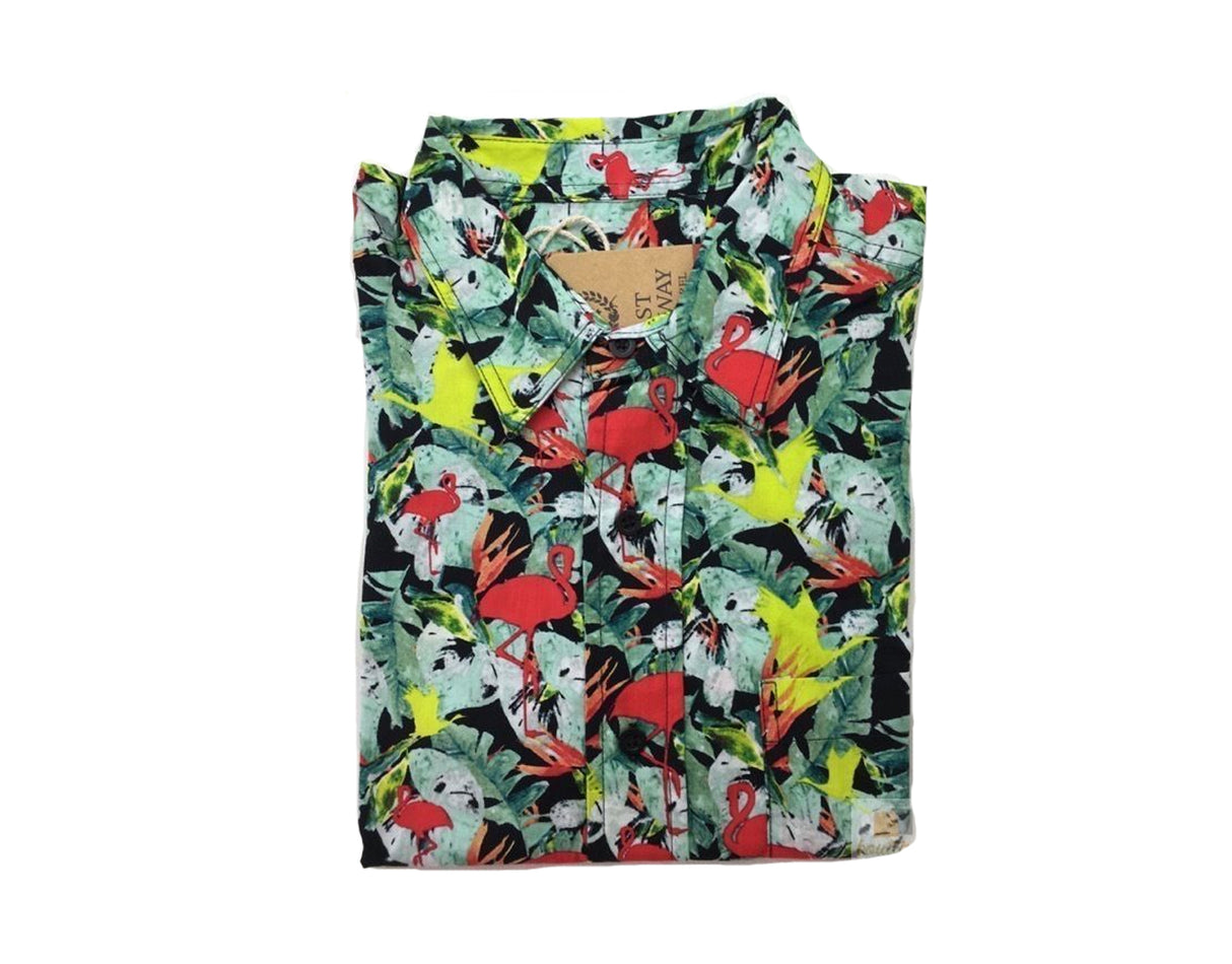 Mens Oahu Hawaiian Party Shirt Button Hippie Tops Short Sleeve Beach Holiday - Parrots On Leaf (0517)