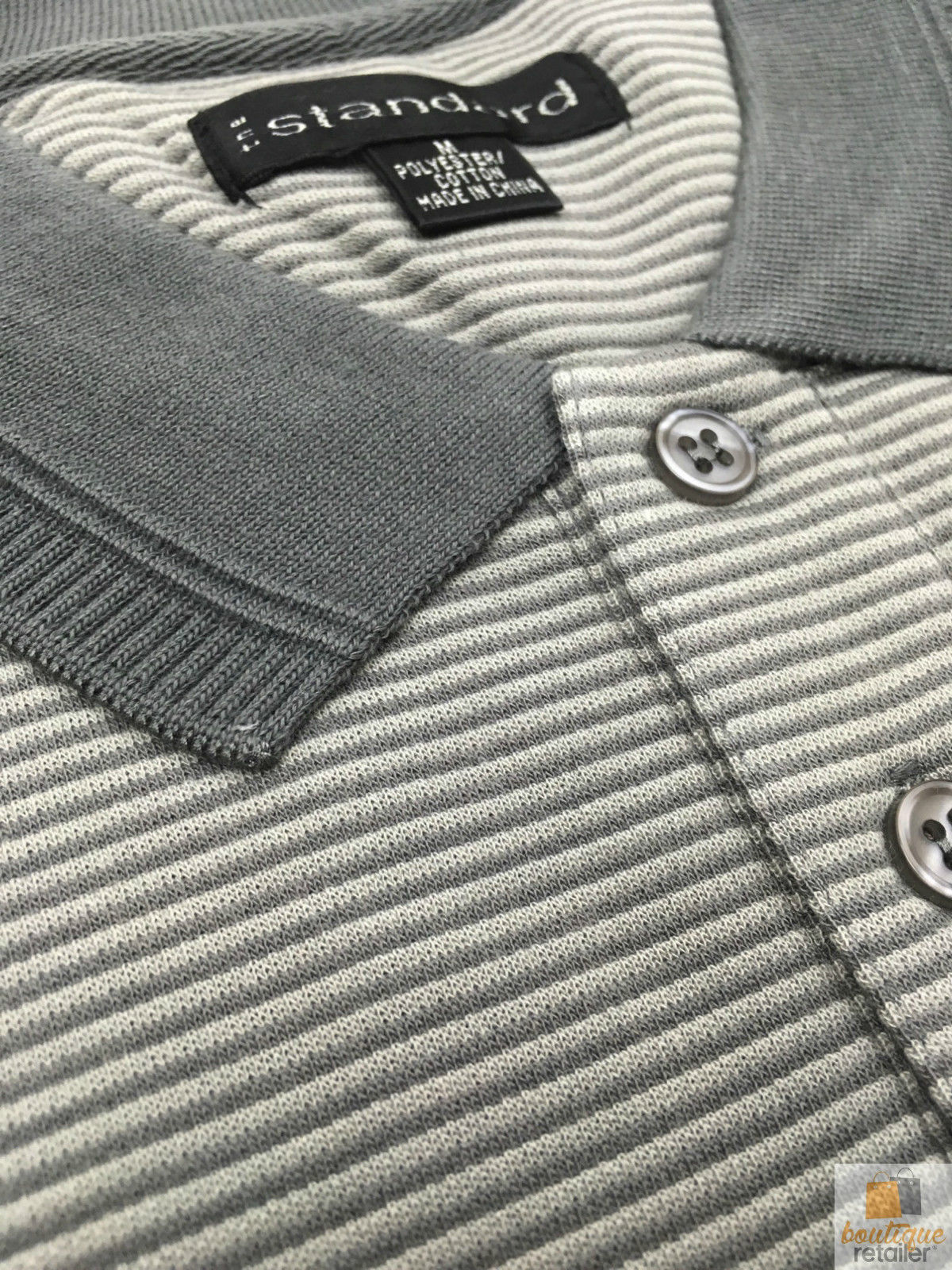 The Standard Mens Striped Short Sleeve Polo Shirt - Charcoal/Light Grey - M (Loose Fit)