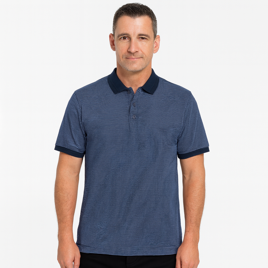 Short Sleeve Polo Shirt Top Short Sleeve Quality Loose Fit Adults Striped - Navy/Storm - M